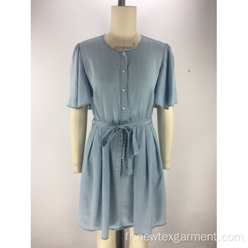 col rond robe en denim bleu tencel pour femme